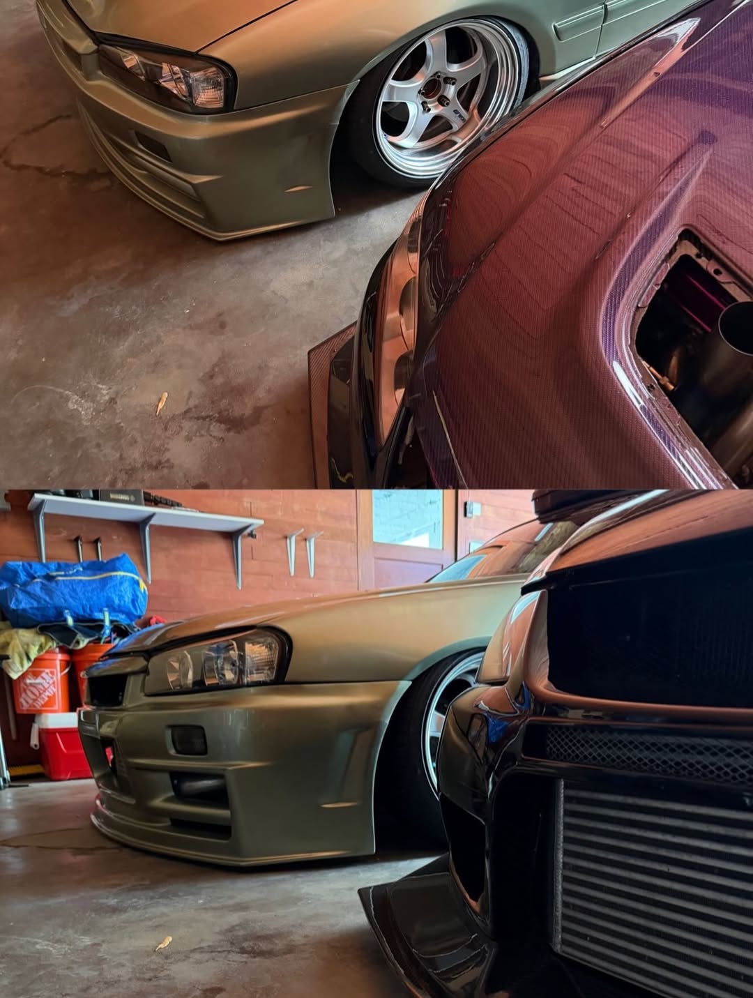Stefano’s Nissan Stagea beside his Mitsubishi Evo wagon, showing their wheels and bodywork